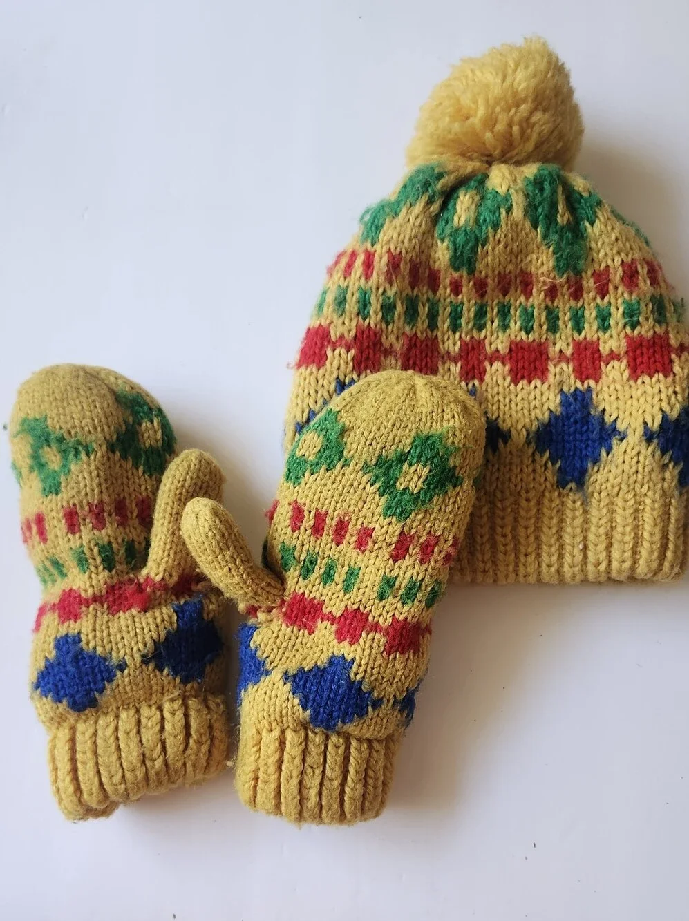 Yellow Knit Pom Pom Hat and Mittens Set for Kids -Pattern Made In JAPAN